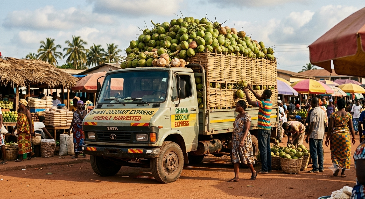 Delivery truck loaded with coconuts at a Ghanaian market